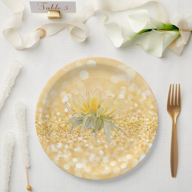 Luxury Sunflower Gold Glitter Wedding  Paper Plates (Wedding)