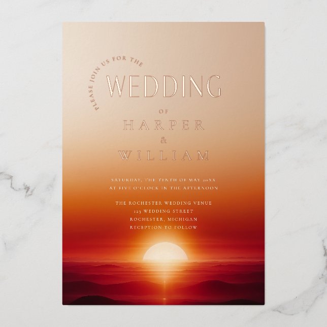 Luxury sunset wedding foil invitation (Front)