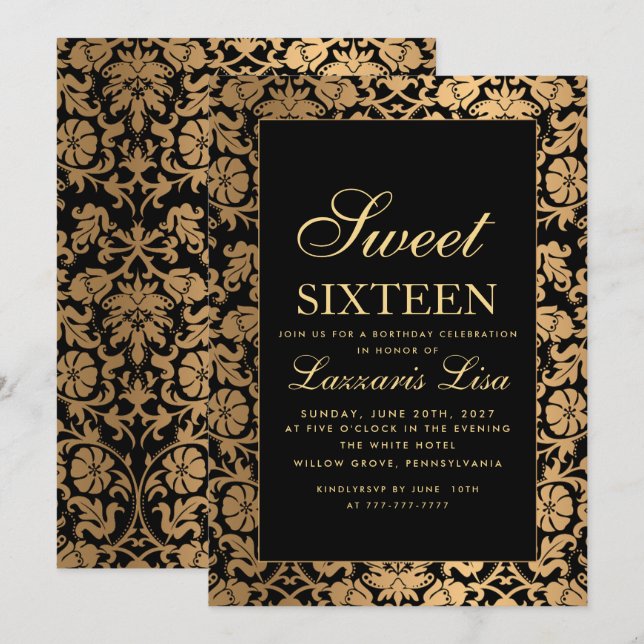 Luxury Sweet 16 Black Girly Birthday Invitation (Front/Back)