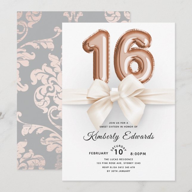 Luxury Sweet 16 Rose gold Balloons Invitation (Front/Back)