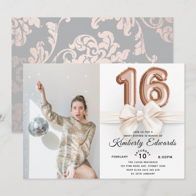 Luxury Sweet 16 Rose gold Balloons Photo Invitation (Front/Back)