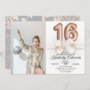 Luxury Sweet 16 Rose gold Balloons Photo Invitation