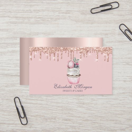 Luxury Sweets Cupcake Macaroon Rose Gold Drips  Business Card