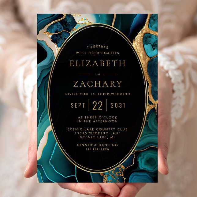 Luxury Teal Agate Gold Oval Frame Wedding Invitation (Creator Uploaded)
