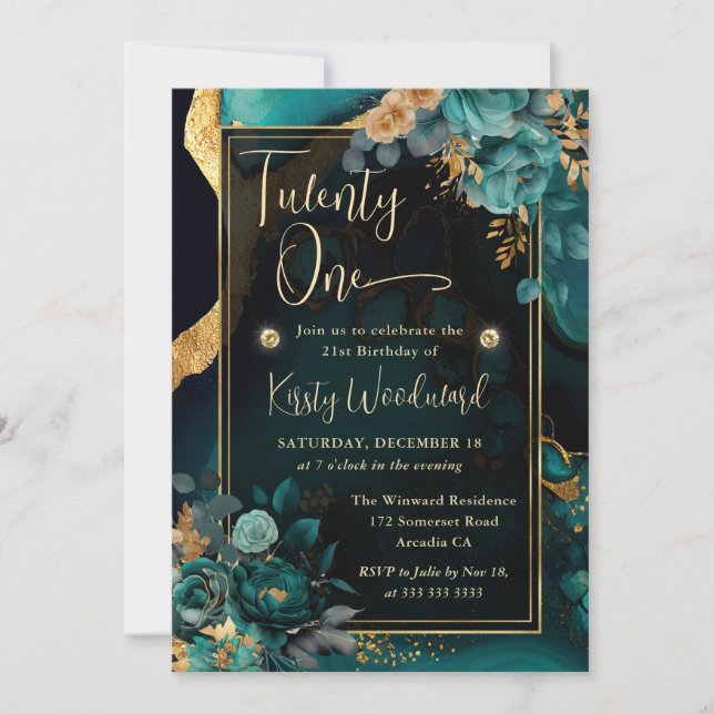 Luxury Teal and Gold Floral Agate Birthday Party Invitation (Front)