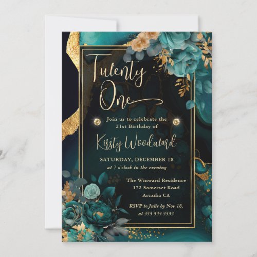 Luxury Teal and Gold Floral Agate Birthday Party Invitation