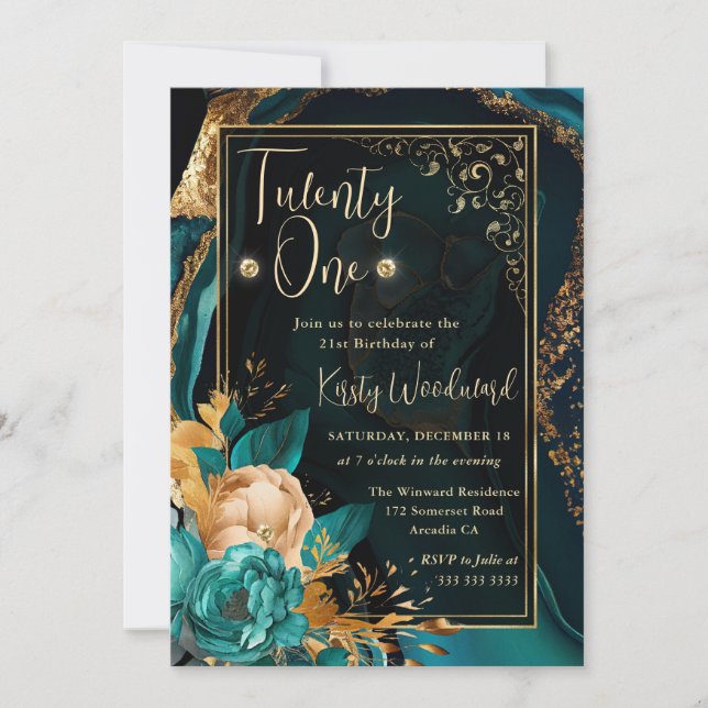 Luxury Teal and Gold Floral Agate Birthday Party Invitation (Front)