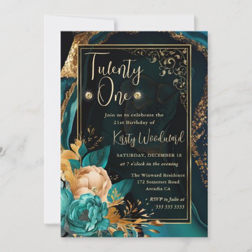 Luxury Teal and Gold Floral Agate Birthday Party Invitation