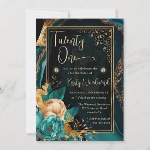 Luxury Teal and Gold Floral Agate Birthday Party Invitation
