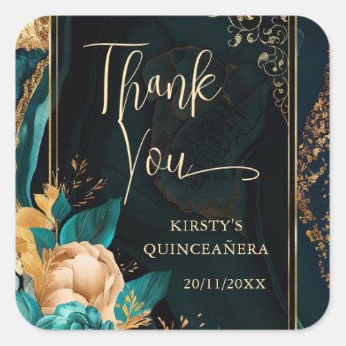 Luxury Teal and Gold Floral Agate Quinceanera Square Sticker