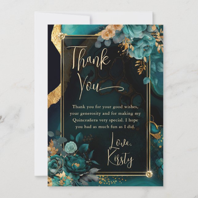Luxury Teal and Gold Floral Agate Quinceanera Thank You Card (Front)