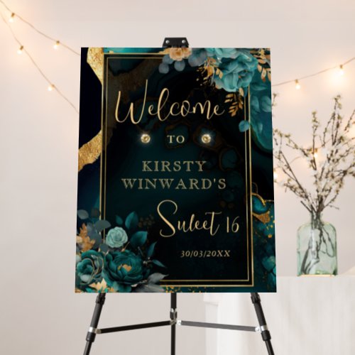 Luxury Teal and Gold Floral Agate Sweet 16 Welcome Foam Board