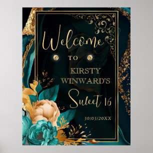 Luxury Teal and Gold Floral Agate Sweet 16 Welcome Poster