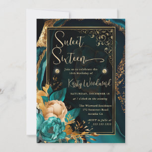 Luxury Teal and Gold Floral Agate Sweet Sixteen Invitation