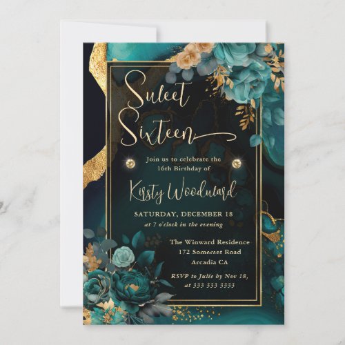 Luxury Teal and Gold Floral Agate Sweet Sixteen Invitation