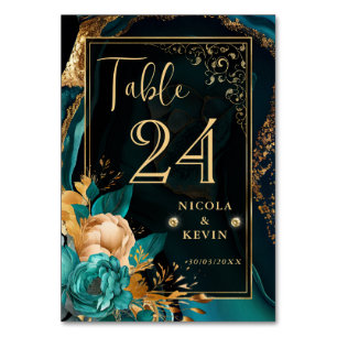 Luxury Teal and Gold Floral Agate Wedding Table Number