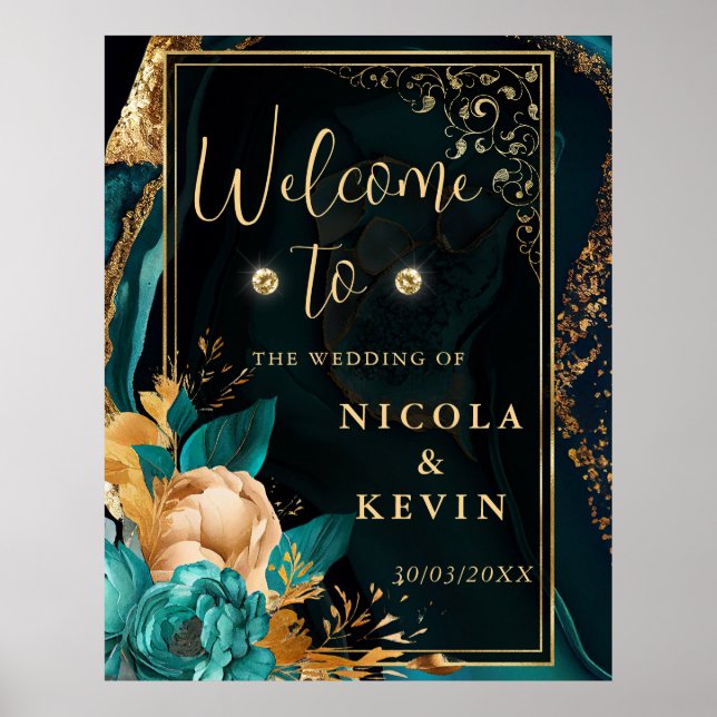 Luxury Teal and Gold Floral Agate Wedding Welcome Poster (Front)