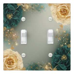 Luxury Teal and Gold Floral Botanical Frame Light Switch Cover
