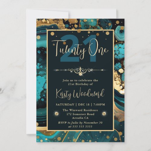 Luxury Teal and Gold Foil Agate Birthday Party Invitation