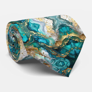 Luxury Teal and Gold Marble Fluid Art Pattern Neck Tie