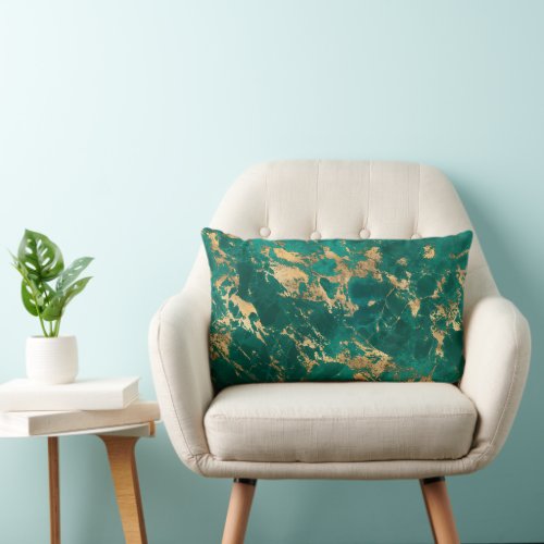 Luxury Teal and Gold Marble Lumbar Pillow