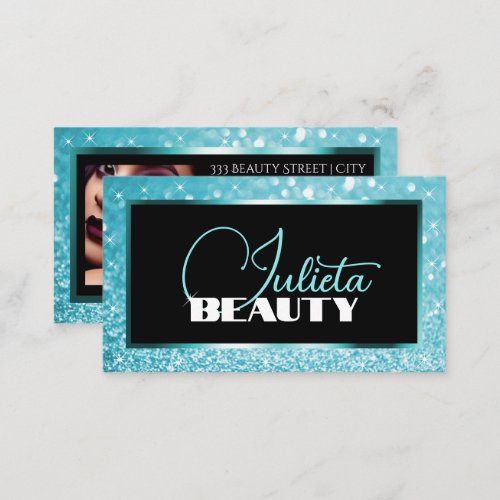 Luxury Teal Blue Sparkle Glitter Photo Template Business Card