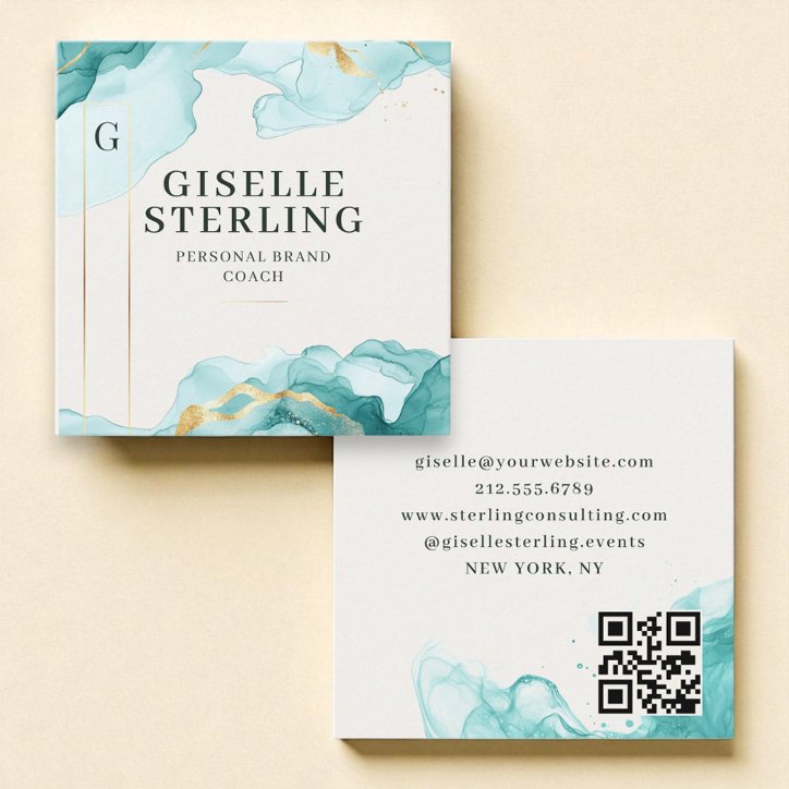 Luxury Teal Blue Watercolor QR Code Gold Foil Square Business Card