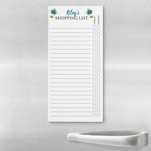 Luxury Teal Floral Blank Shopping List Magnetic Notepad (In Situ)