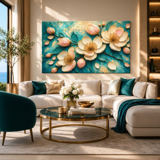 Luxury Teal Floral Impasto Gold Accents Canvas Print