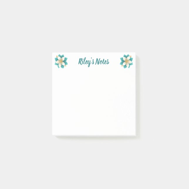 Luxury Teal Floral Name Post-it Notes (Front)