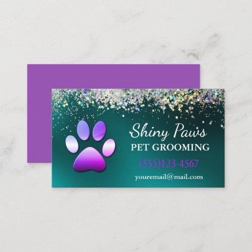 Luxury Teal Glitter Dog Paw Pet Grooming Service Business Card