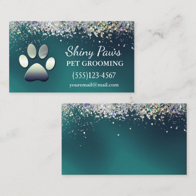 Luxury Teal Glitter Dog Paw Pet Grooming Service Business Card (Front/Back)