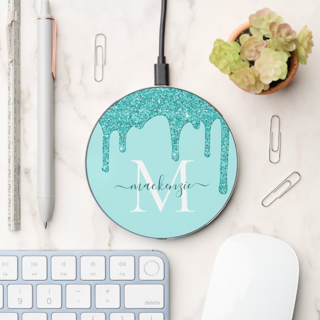 Luxury Teal Glitter Drips Sparkle Monogram Wireless Charger (Desk)
