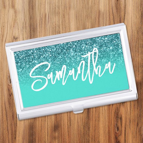 Luxury Teal Glitter Turquoise Ombre Personalized Business Card Case