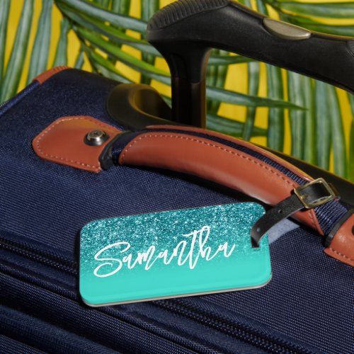 Luxury Teal Glitter Turquoise Ombre Personalized Luggage Tag