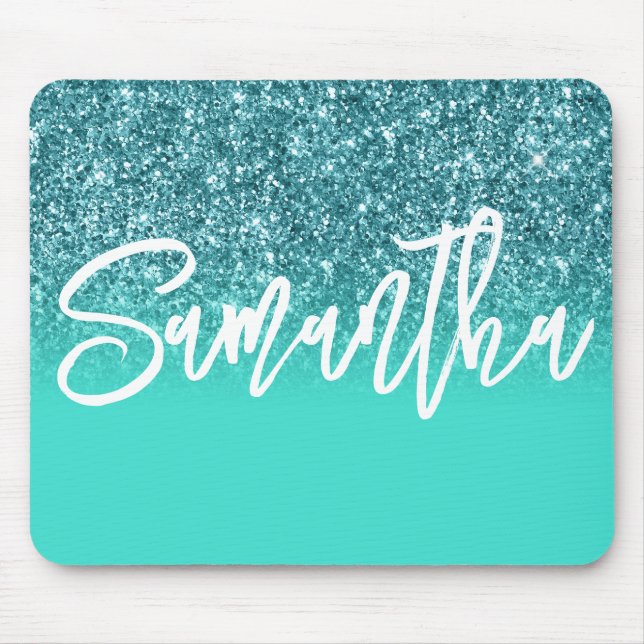 Luxury Teal Glitter Turquoise Ombre Personalized Mouse Pad (Front)
