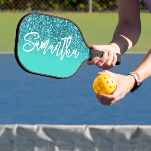 Luxury Teal Glitter Turquoise Ombre Personalized Pickleball Paddle