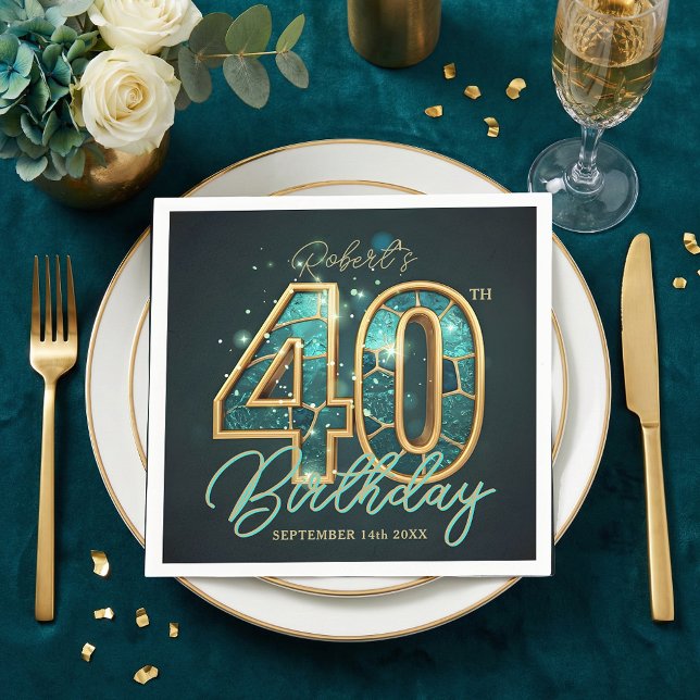 Luxury Teal Gold Agate Mosaic 40th Birthday Party Napkins (Creator Uploaded)