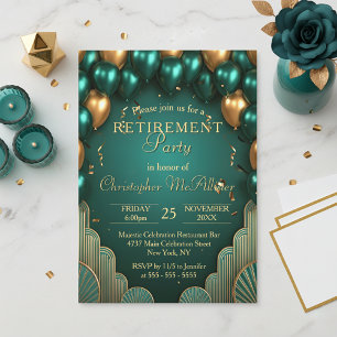 Luxury Teal Gold Balloon Art Deco Retirement Party Invitation