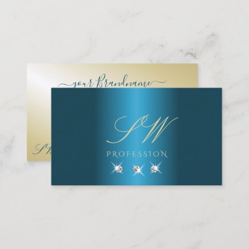 Luxury Teal Gold Beige Sparkling Diamonds Initials Business Card