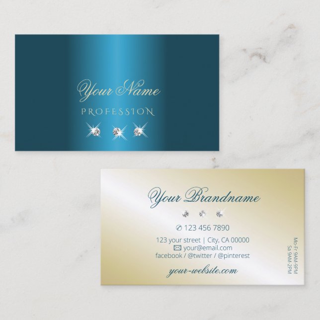 Luxury Teal Gold Beige Sparkling Diamonds Stylish Business Card (Front/Back)