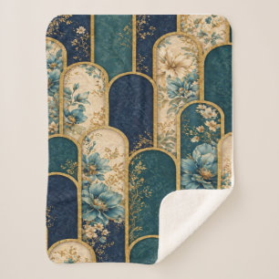 Luxury Teal & Gold Floral Art Deco Sherpa Blanket