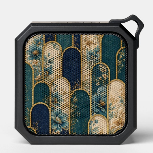 Luxury Teal & Gold Floral Bluetooth Speaker (Front)