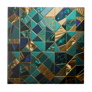 Luxury Teal Gold Geometric Mosaic Pattern Ceramic Tile