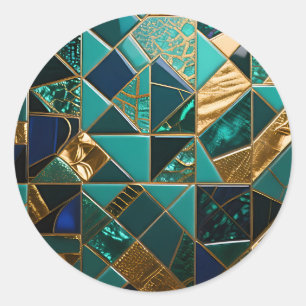 Luxury Teal Gold Geometric Mosaic Pattern Classic Round Sticker
