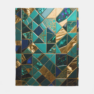 Luxury Teal Gold Geometric Mosaic Pattern Fleece Blanket