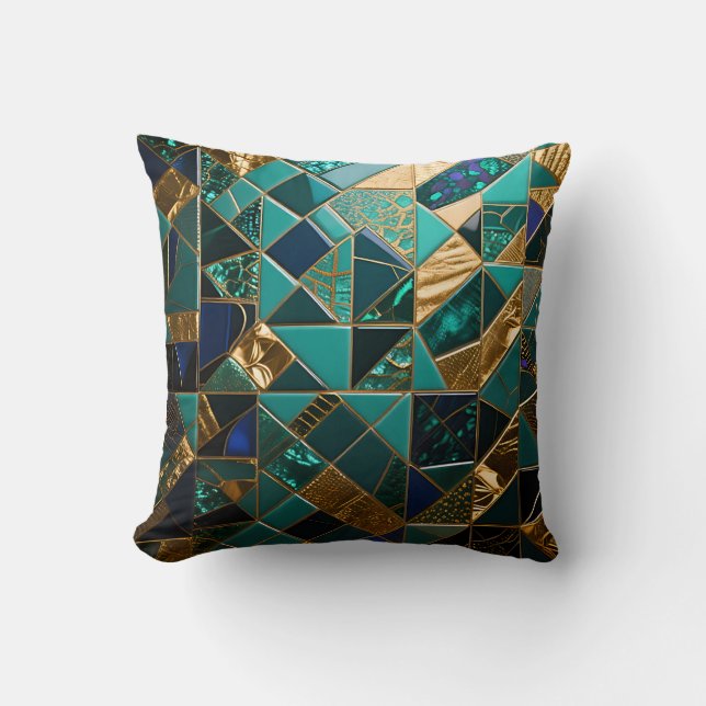 Luxury Teal Gold Geometric Mosaic Pattern Throw Pillow (Front)