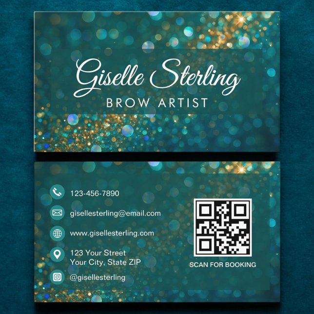 Luxury Teal Gold Glitter Brow Artist QR Code Business Card (Creator Uploaded)
