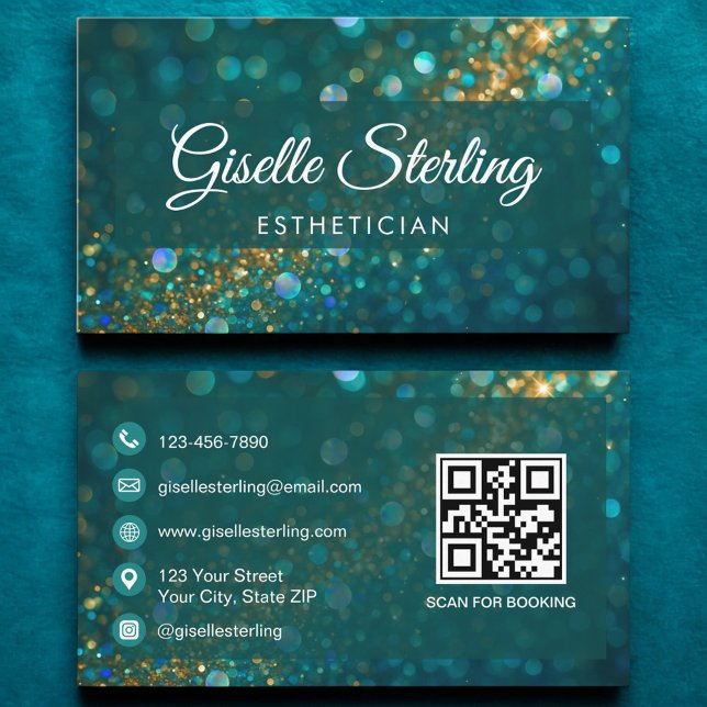 Luxury Teal Gold Glitter Esthetician QR Code Business Card (Creator Uploaded)