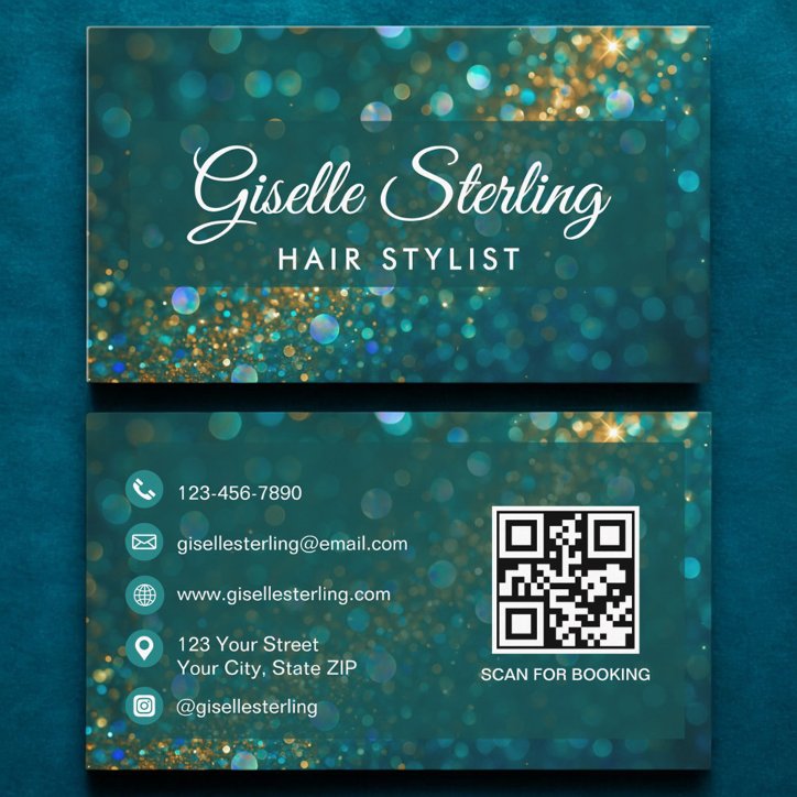 Luxury Teal Gold Glitter Hair Stylist QR Code Business Card
